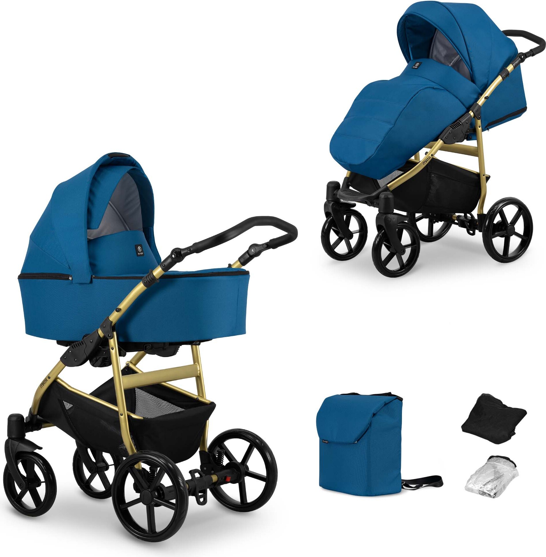 Kinderwagen MATA Sportwagen Babywagen Babyschale Komplettset Kinder Wagen Set 2 in 1 (marine, Rahmenfarbe: Gold)
