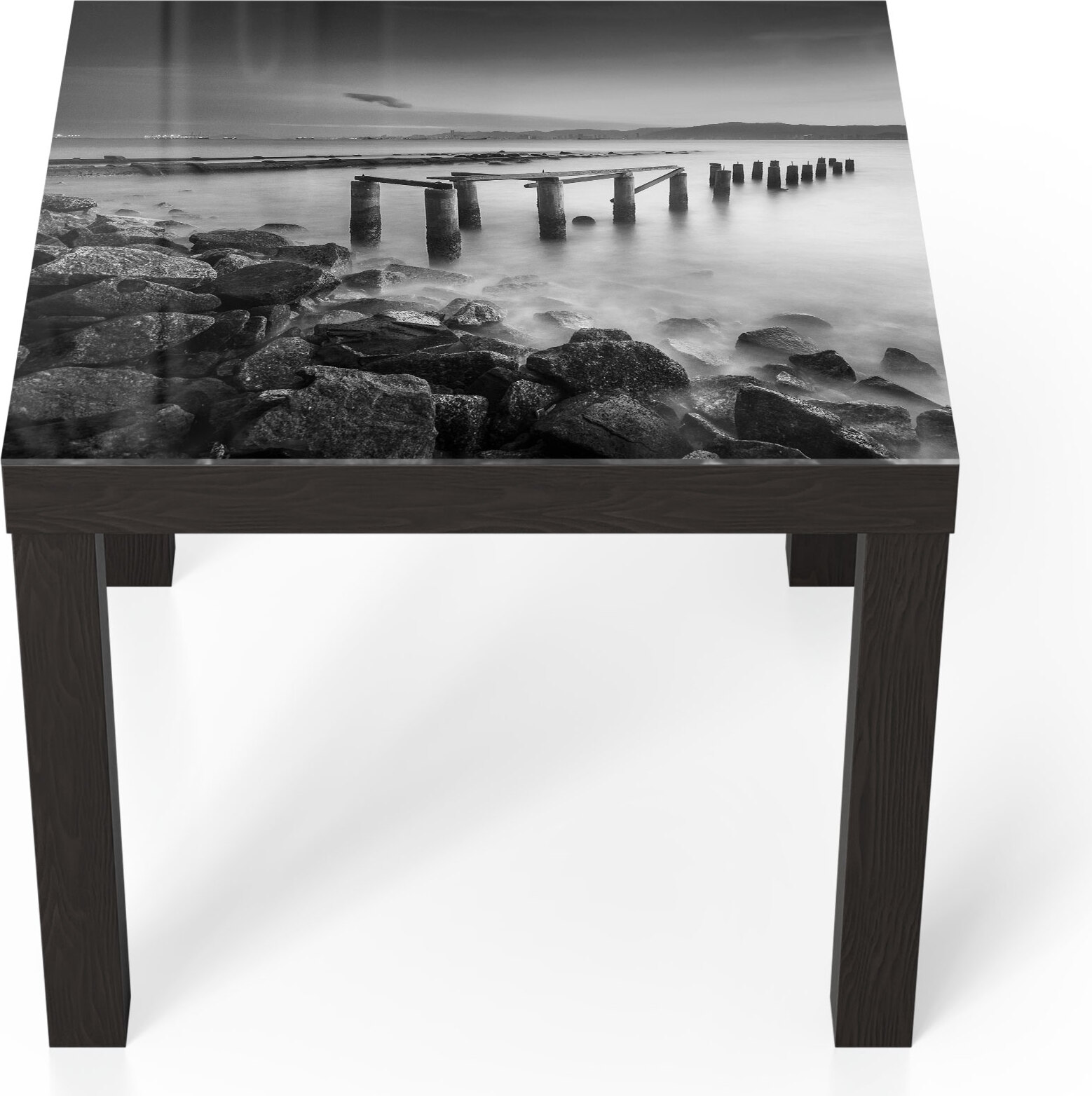 DEQORI Couchtisch 55x55 cm Schwarz 'Alte Anlegestelle am Meer' Glas Beistelltisch TL-55-55-B-1653