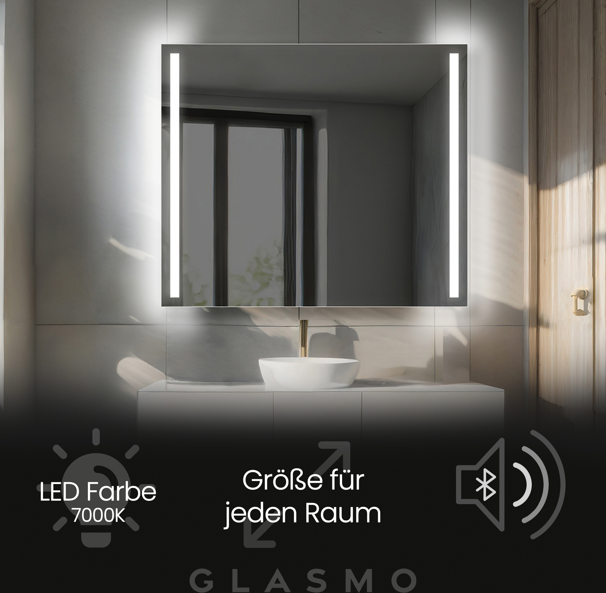 Artforma Spiegel mit Beleuchtung 100x90 cm Claire - Horizontal Rechteckiger Badezimmerspiegel mit LED Beleuchtung - Kaltweiß 7000K - LED Badspiegel Lichtspiegel mit Bluetooth-Lautsprecher LED002_100x90_szgl1ab