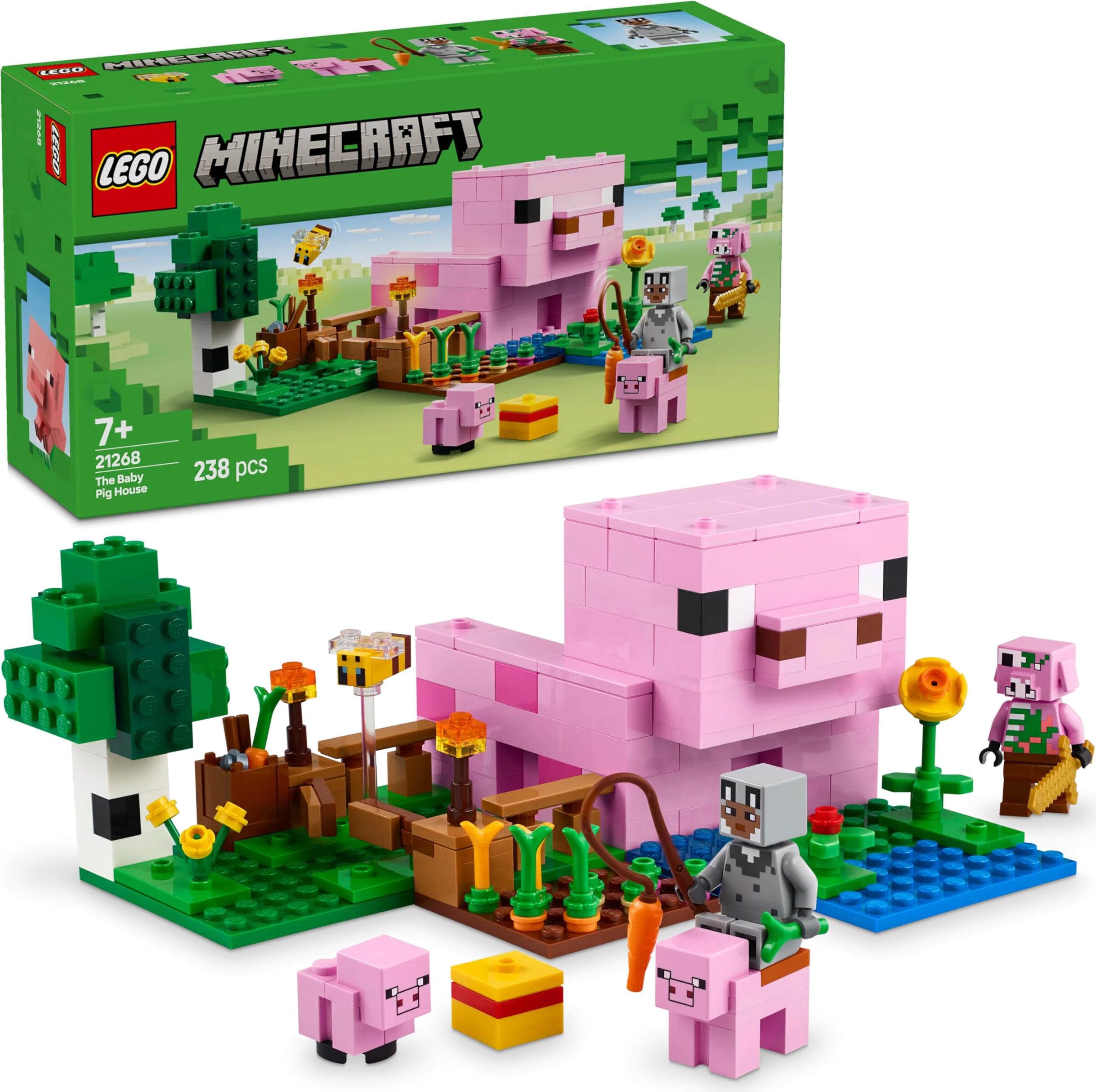 LEGO Minecraft Domček pre prasiatka, sada videohry s figúrkami zvierat, stavebnica so zombie prasiatkom v lesnom biome, darček pre dievčatá a chlapcov od 7 rokov 21268