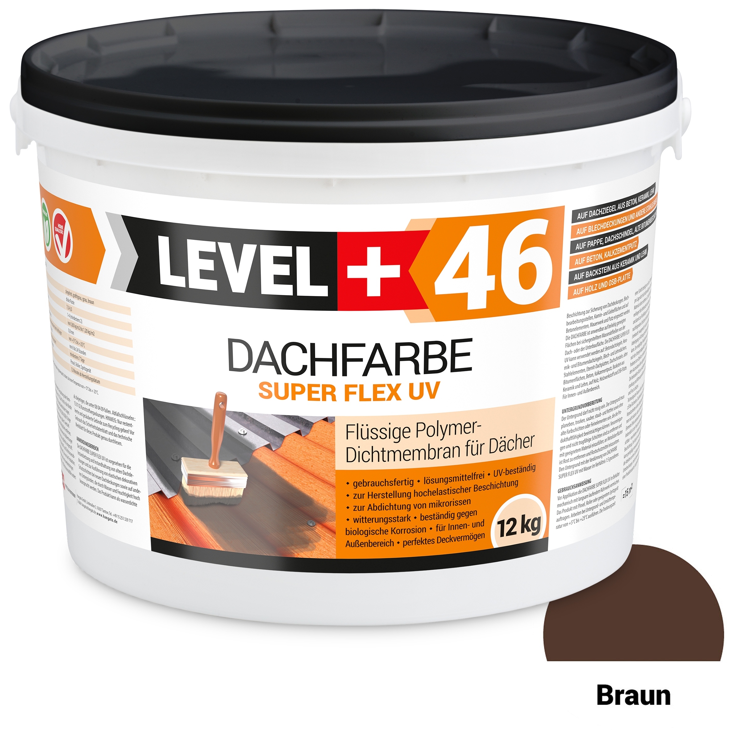 Hangato GmbH Dachfarbe elastische Sockelfarbe Dachlack UV-beständig Super Flex 12Kg Braun LEVEL+ RM46 RM46_B_12