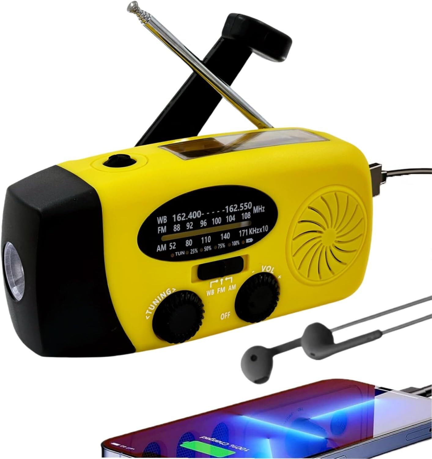 ZELURXX Solar-Notfallradio mit Handkurbel, USB-Ladung, LED-Beleuchtung AM/FM/NOAA, tragbar für den Outdoor-Einsatz, Gelb