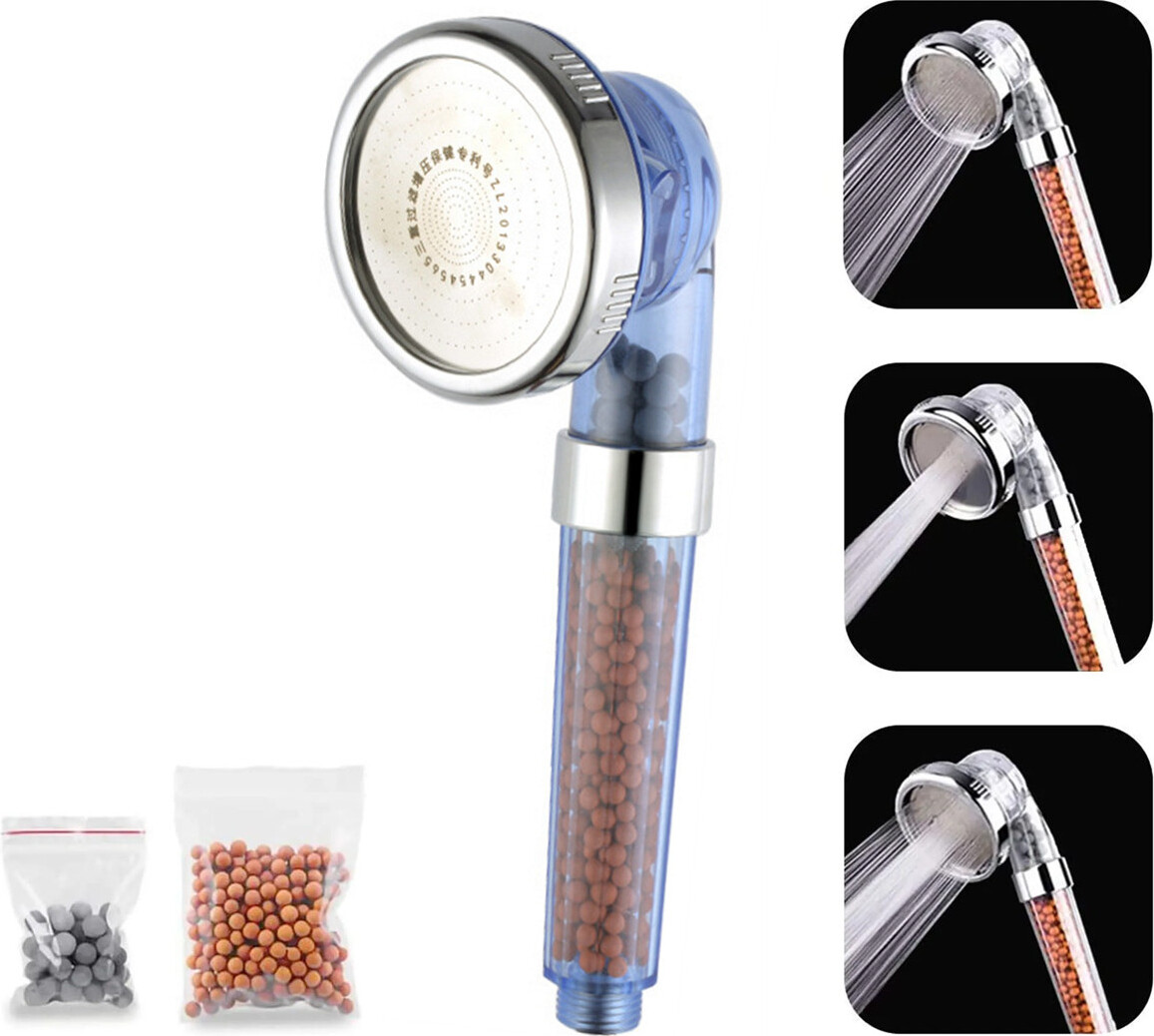 MOOHO 3 IN 1 Filtration Duschkopf Duschbrause Wassersparend Duschkopf mit Ionenfilter Kalkfilter und 3 Strahlarten (Blau)
