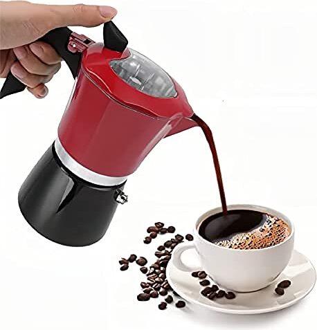 300 ml kanvica na kávu, kávovar na varenie, kávovar na espresso, kávovar, taliansky prenosný hliníkový kávovar s priehľadným vekom (červená/čierna)