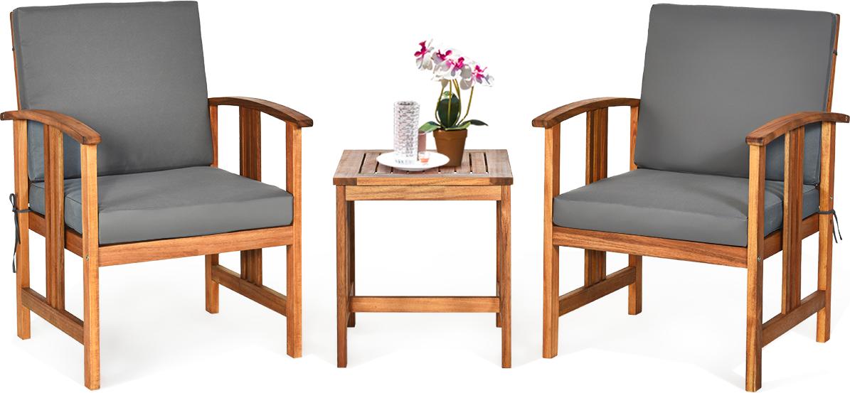 COSTWAY 3-dielna súprava balkónového nábytku, bočný stôl s 2 stoličkami, 2 vankúše na sedenie a 2 vankúše na operadlo, záhradná súprava z agátového dreva, záhradný nábytok, sedacia súprava