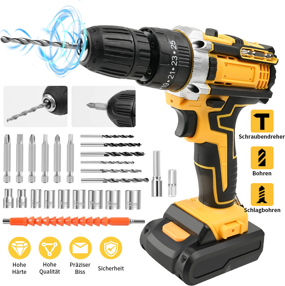 OUTIGO Akkuschrauber-Set 21V Mit 2 Akkus, 42 Nm Drehmoment, 27-teilig – Inkl. Bohrer, Bits, Ladegerät, LED-Licht, 2 Geschwindigkeiten