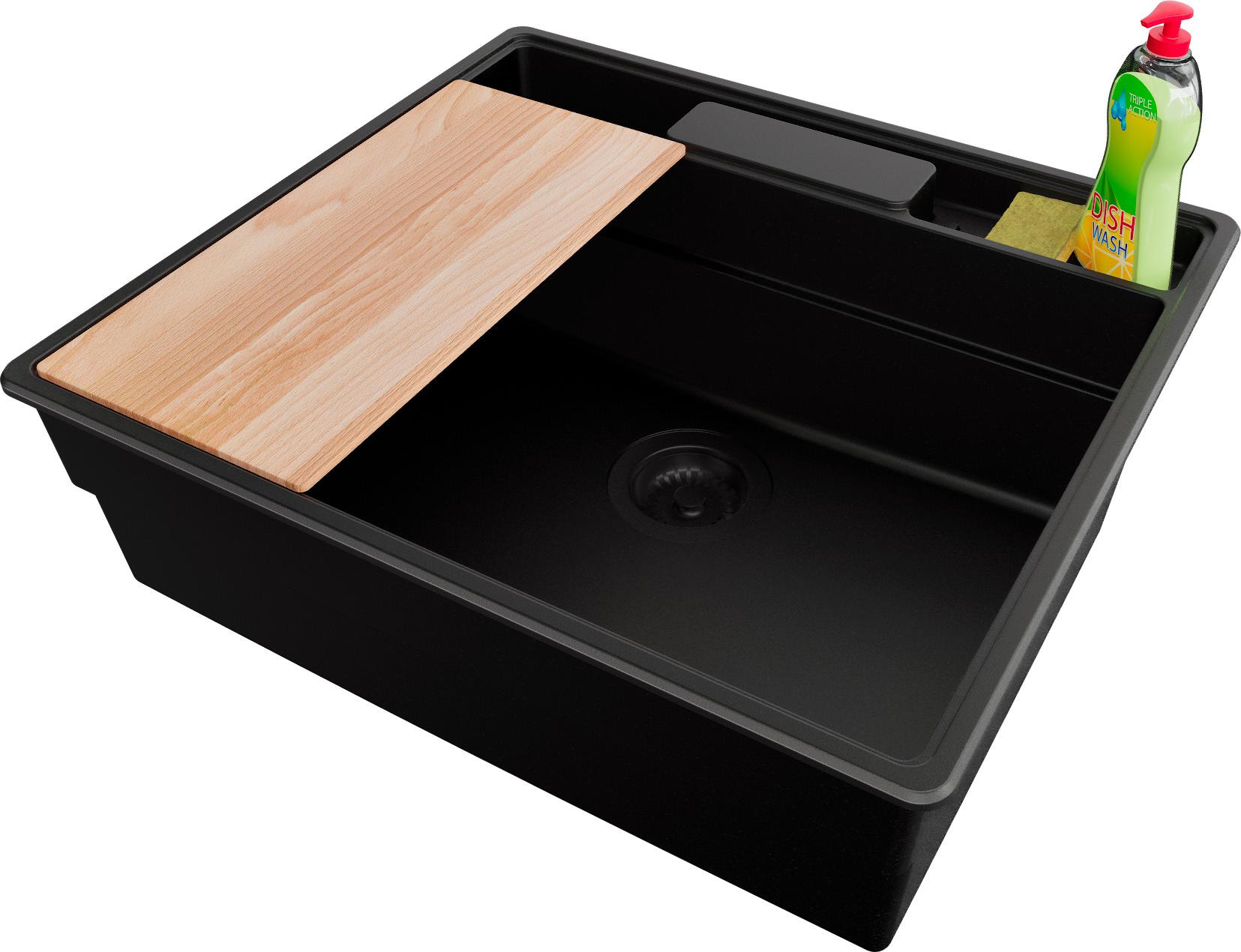 PRIMAGRAN Spülbecken Alles Schwarz 58x53cm, Granitspüle 1 Becken + Ablauf-Set + Küchenzubehörset, Küchenspüle ab 60er Unterschrank - New York