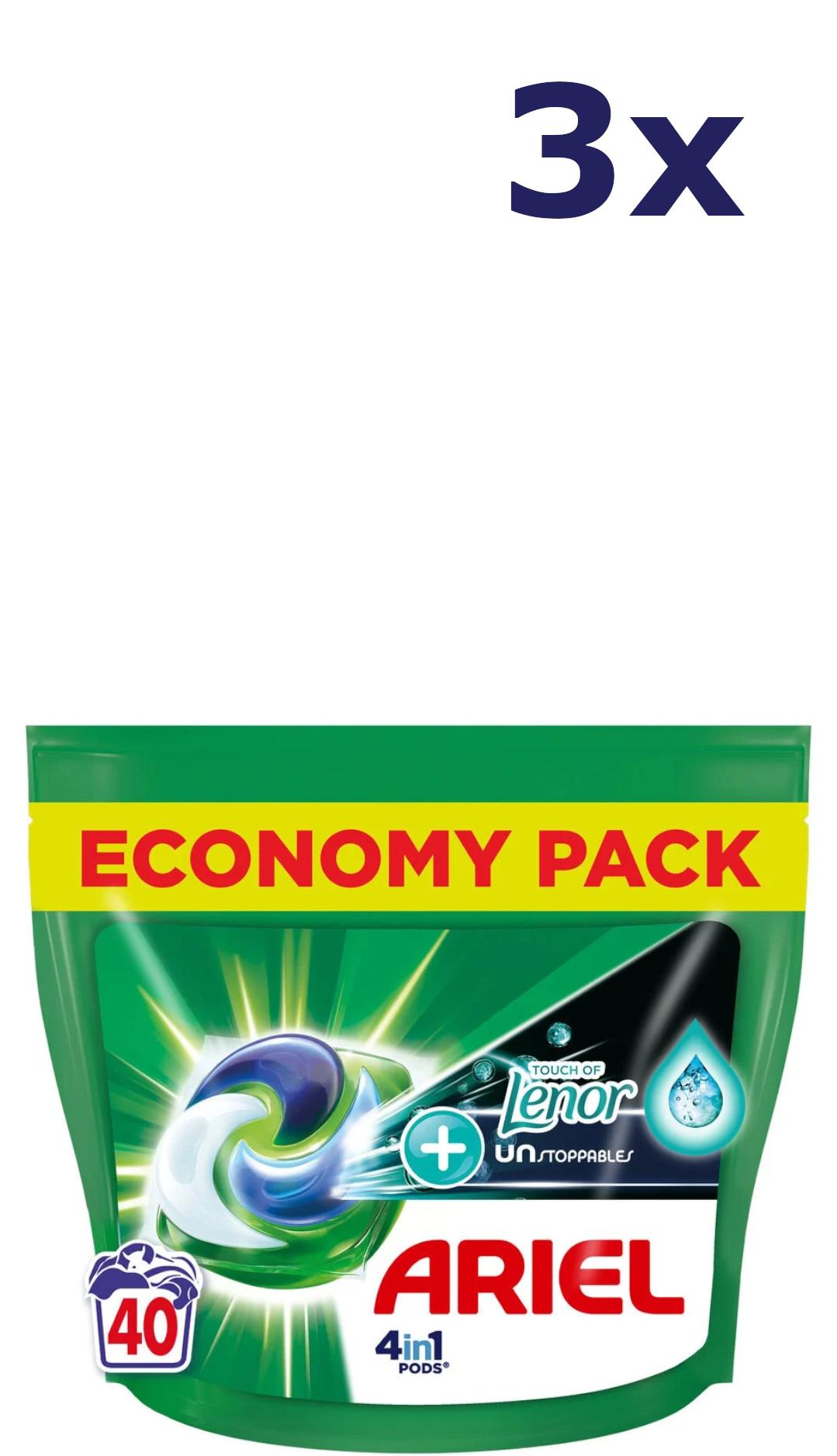 3x Ariel Pods 4-in-1 – 40 Stück – + Lenor Unstoppables