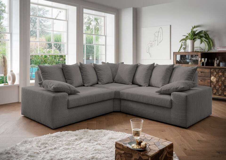 Ecksofa Sassari von Benformato: Gemütliche Eleganz in Cord - Perfekte Kuschelecke für dein Zuhause : Grau Designer-Farben: Grau