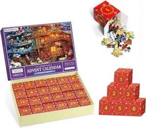 Adventný kalendár 2024 Vianočné puzzle, 24 škatúľ – 1000 dielne puzzle pre dospelých a deti, Santa Claus pripravuje darčeky, odpočítavanie do Vianoc
