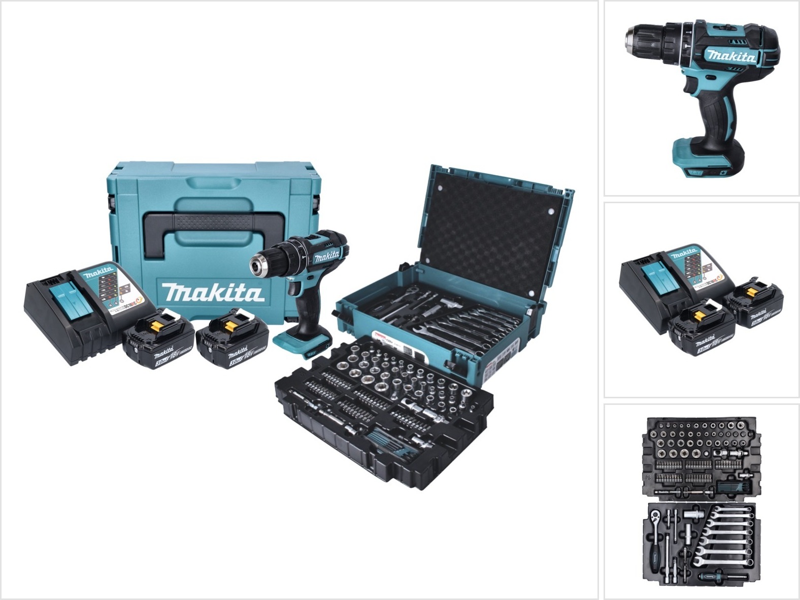 Akumulátorová príklepová vŕtačka Makita DHP 482 JX13 18 V 62 Nm + 2x akumulátor 3,0 Ah + nabíjačka + 120-dielna sada náradia + Makpac