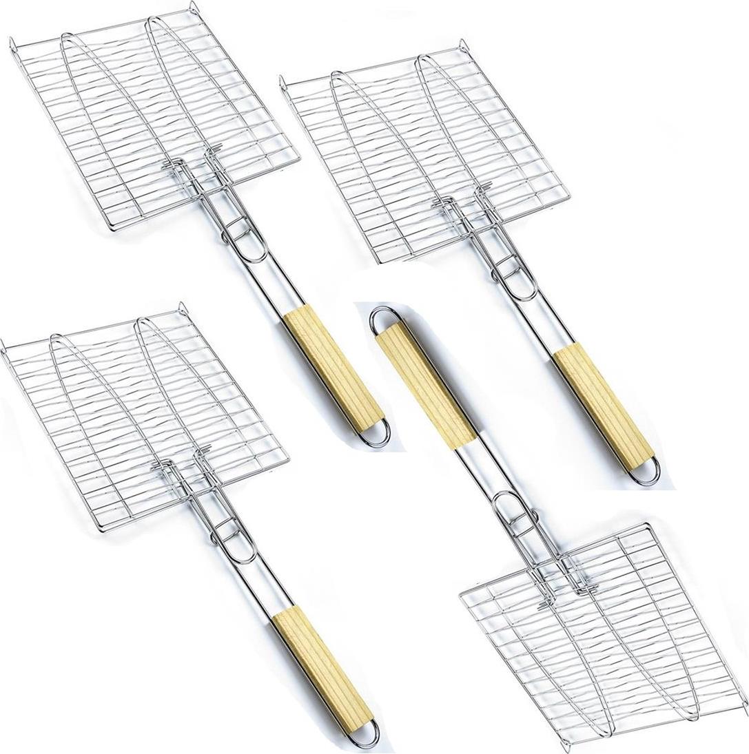 BAYLI 4er Set Fischbräter | 23,5 x 23,5cm Fischgriller für Grill mit Holzgriff | Fischkorb für 2 Fische | Fischhalter mit Klammer | Fisch-Grillzange für Gemüse, Garnelen | faltbare Fischzange | Grillzubehör 4er Set - Fischkorb für 2 Fische