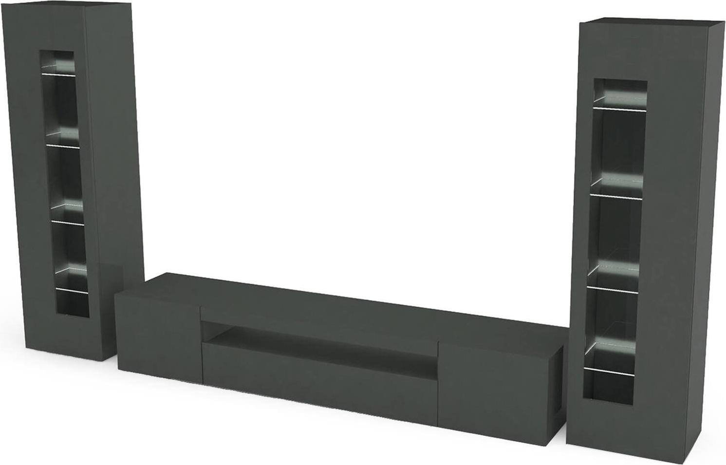 Dmora Wohnzimmermöbel Dcontin, TV-Wohnzimmer-Set, Mehrzweck-Wohnzimmermöbel mit LED-Beleuchtung, 100 % Italy, cm 290x40h162, Anthrazit glänzend