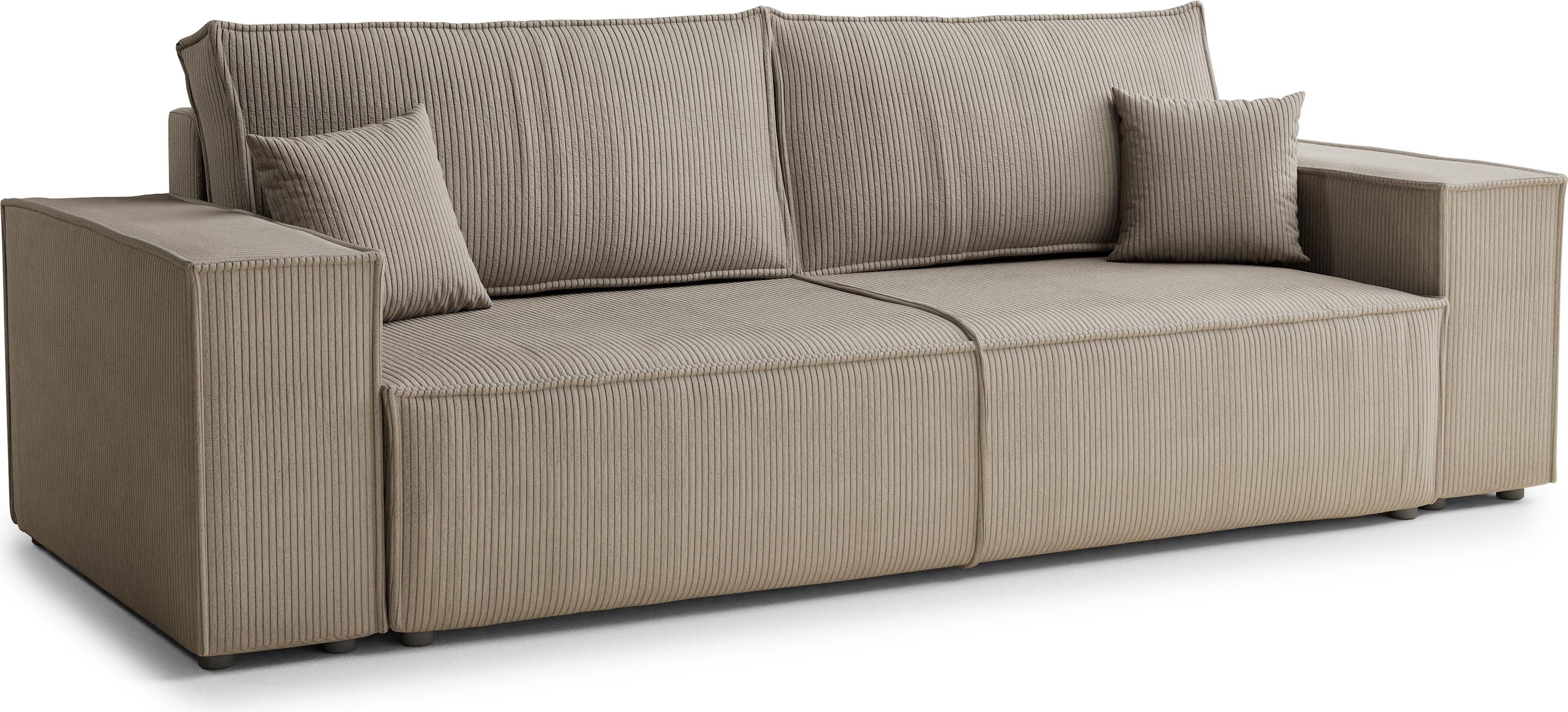 Schlafsofa Livia Interiors Milos 255x105 cm, Sofa mit Schlaffunktion und Bettkasten, 3-Personen Sofa, Sofabett, Samtstoff Poso, Beige Farbe