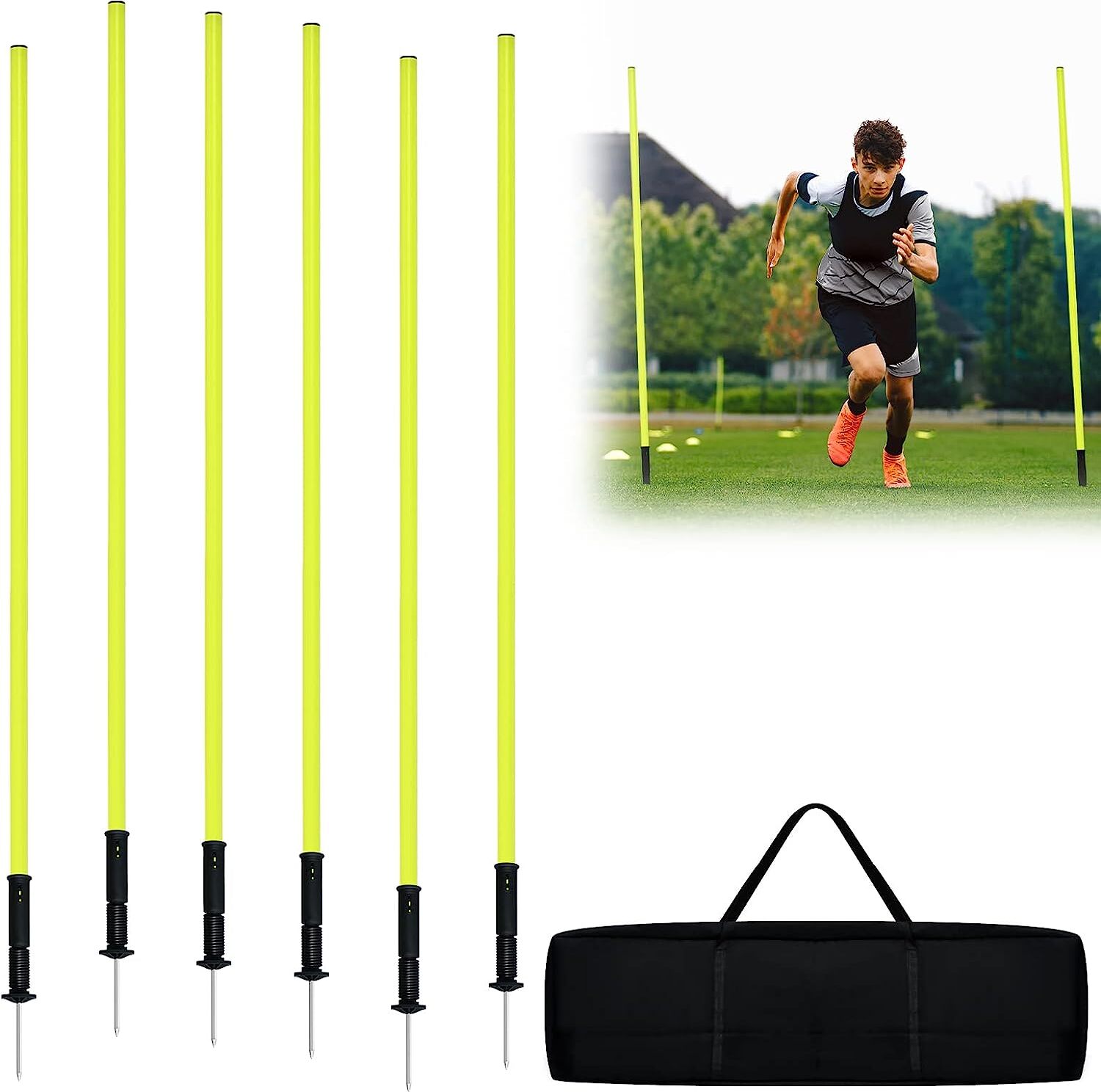 Slalomstangen Fussball Trainingszubehör 1,5m 6pcs-Set Hürdenstangen mit Erdspieß & Tragetasche Trainingsstangen Gelb Agilität Stangen Slalom CEEDIR
