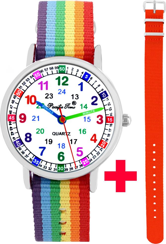 Pacific Time Kinder Armbanduhr Mädchen Jungen Lernuhr Einschulung 2 Armbänder Regenbogen orange
