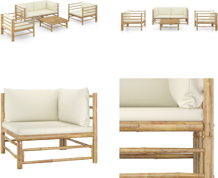 vidaXL 5-dielna záhradná súprava s krémovo bielymi vankúšmi bambus - Záhradná súprava na ležanie - Záhradné súpravy na ležanie - Záhradný nábytok - Súprava záhradného nábytku