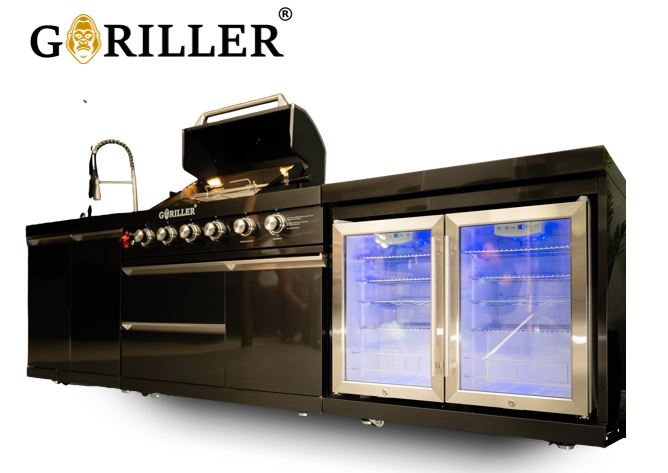 GORILLER® BLACKBACK M6 vonkajšia kuchyňa, plynový gril s dvojitou chladničkou a drezom, nerezová oceľ, čierna