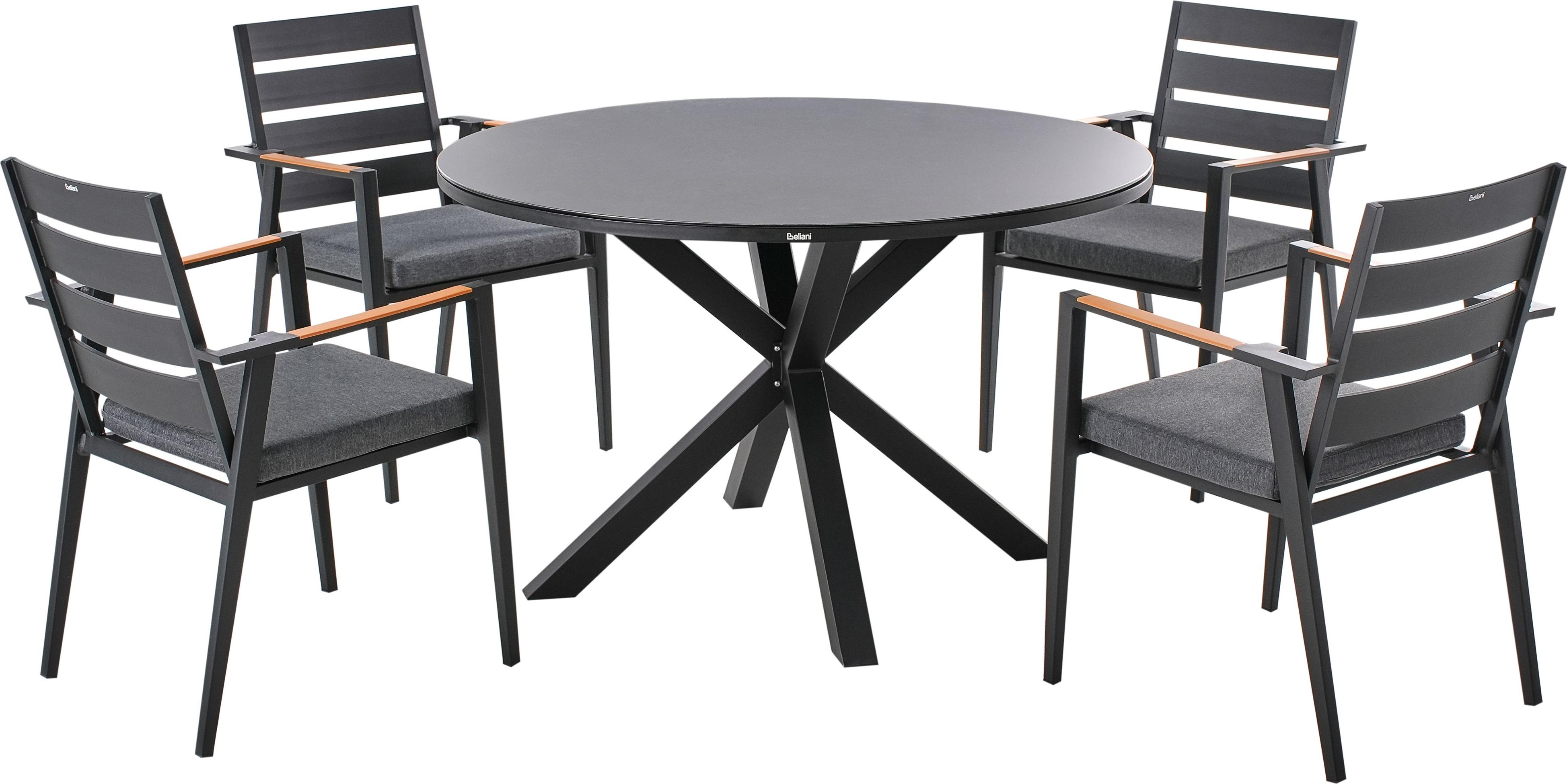 BELIANI Vonkajší jedálenský set čierny okrúhly hliníkový stôl s keramickou sklenenou doskou 4 čierne stoličky so sivými sedadlami