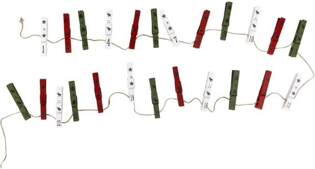 Klipy na adventný kalendár - červené/zelené/biele - cca 7,5 cm - 24 kusov