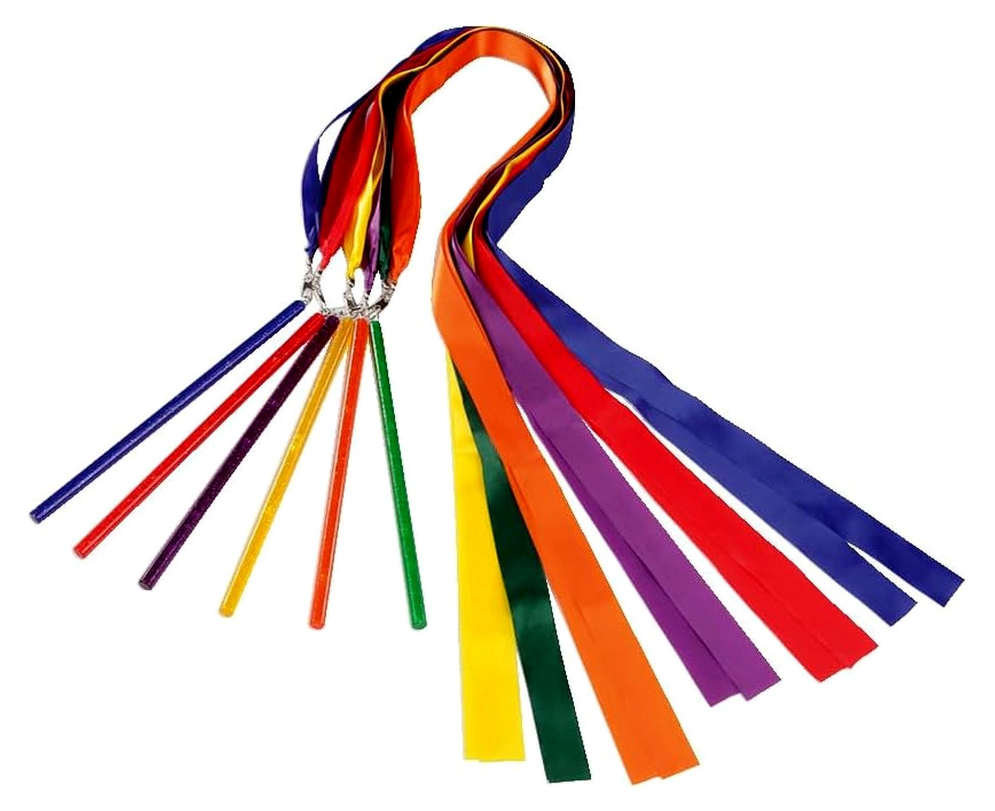 Markenlos Gymnastikbänder-Set Rhythmo-Doppelbänder | Mit Glitzerpartikeln | 6 Doppelbänder u. Stäbe | Kunststoff | 2 cm Bandbreite | 22 cm Stablänge | 0,90 cm Bandlänge