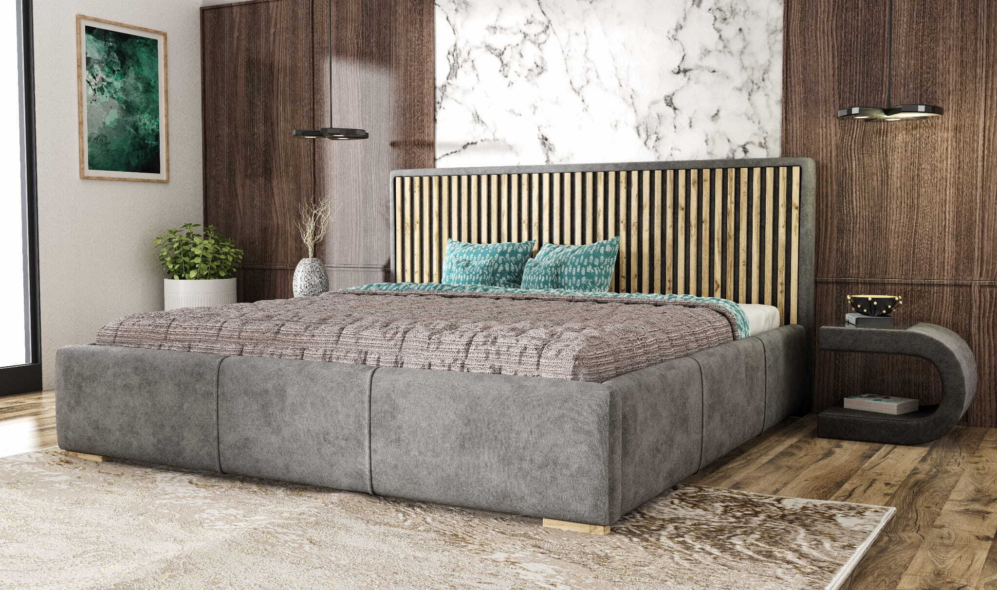 AGMAT-FURNITURE AGMAT Polsterbett WOOD mit Kopfteil, 140 x 200 cm, Doppelbett mit Bettkasten und Lattenrost aus Metall, Velourstoff: Grau Wood_140_lam_wotan_W64