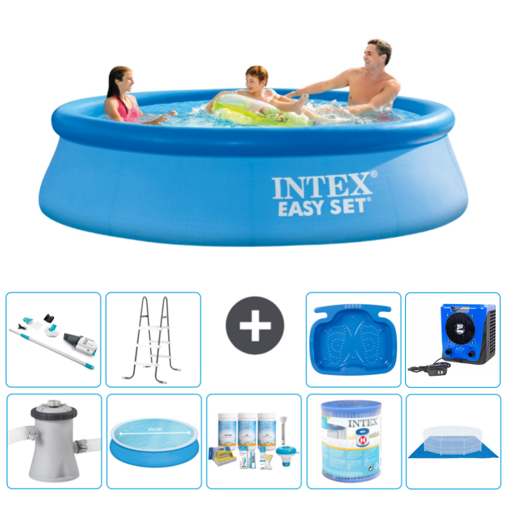 Okrúhly nafukovací bazén Intex Easy Set - 305 x 76 cm - modrý - vrátane markízy s čerpadlom - balík na údržbu - filter - podložka - vysávač - rebrík