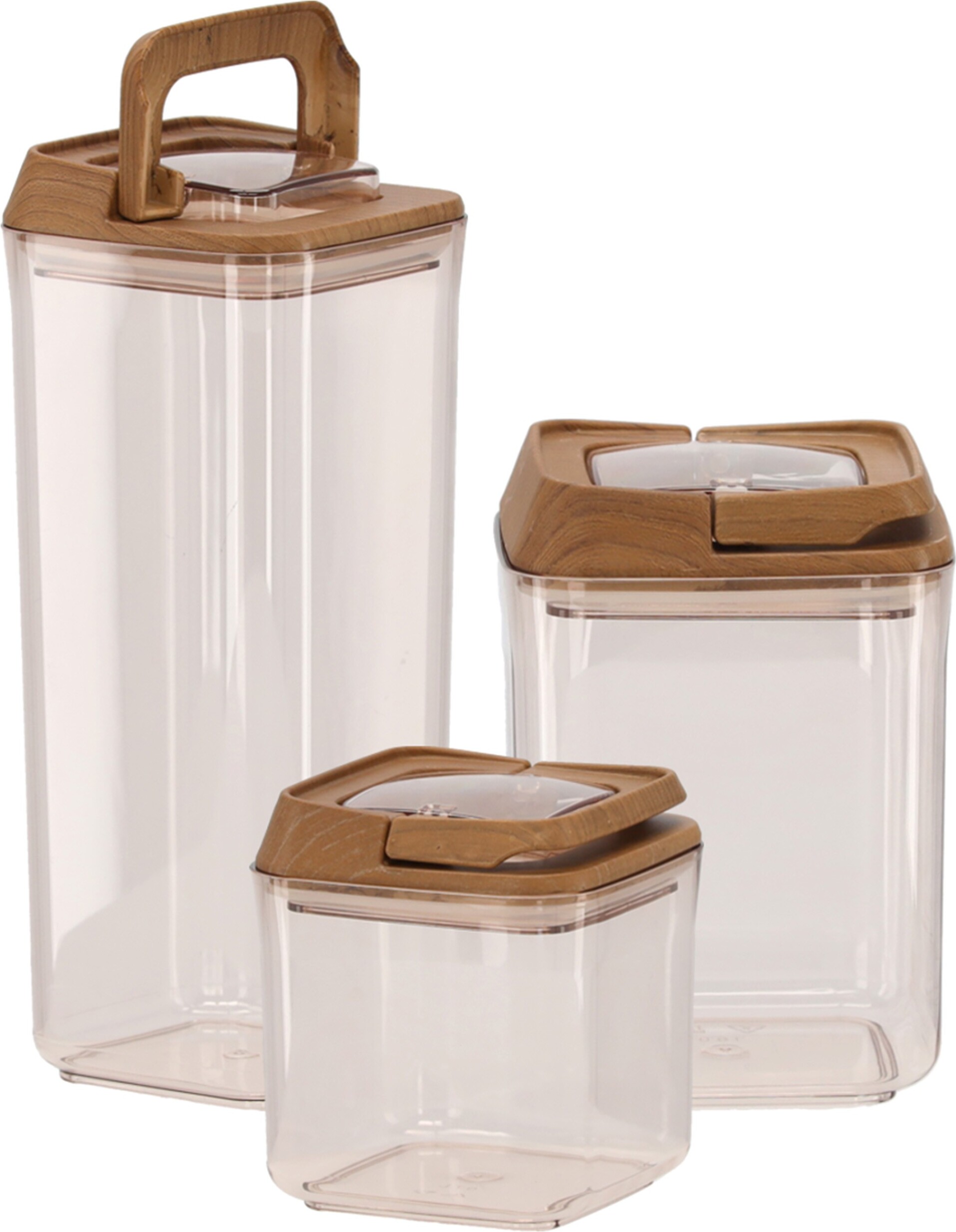 sarcia.eu Set aus 3 quadratischen Küchenbehältern mit Holzoberfläche