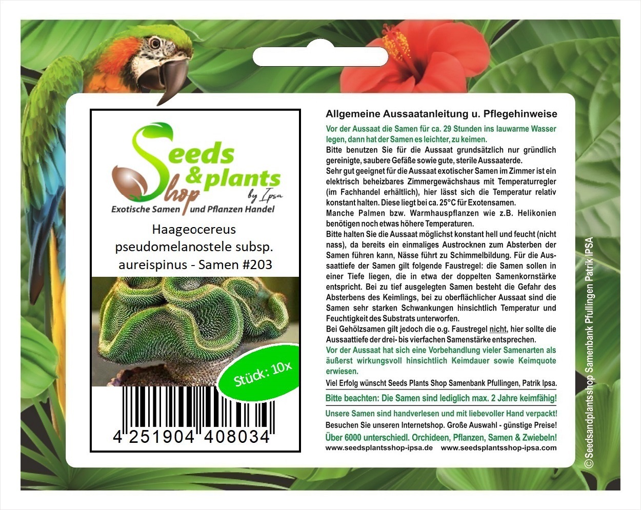 Seeds & Plants Shop by Ipsa 10x Haageocereus pseudomelanostele subsp. aureispinus - Samen #203
