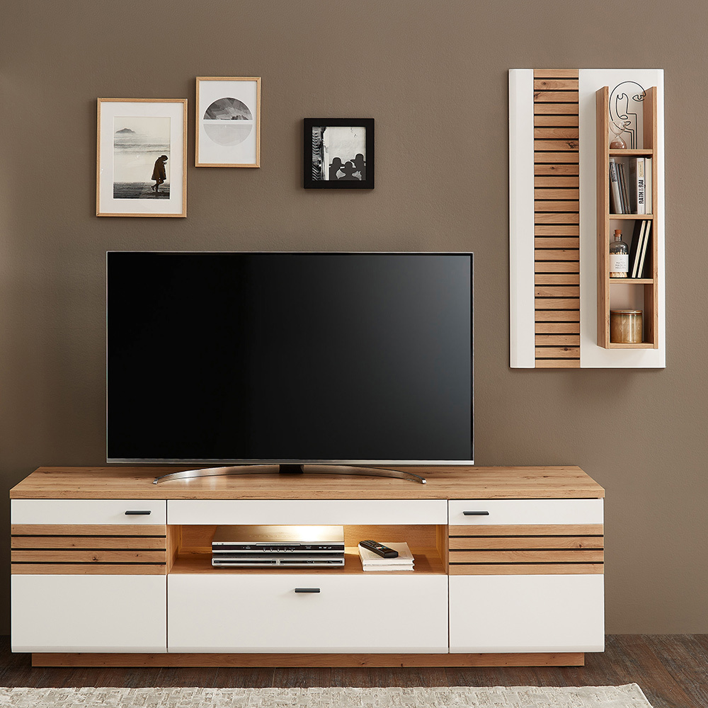 Lomadox Wohnwand, weiß mit Eiche, FALLON-55, modern, 2-teilig FALLON-55-SET41
