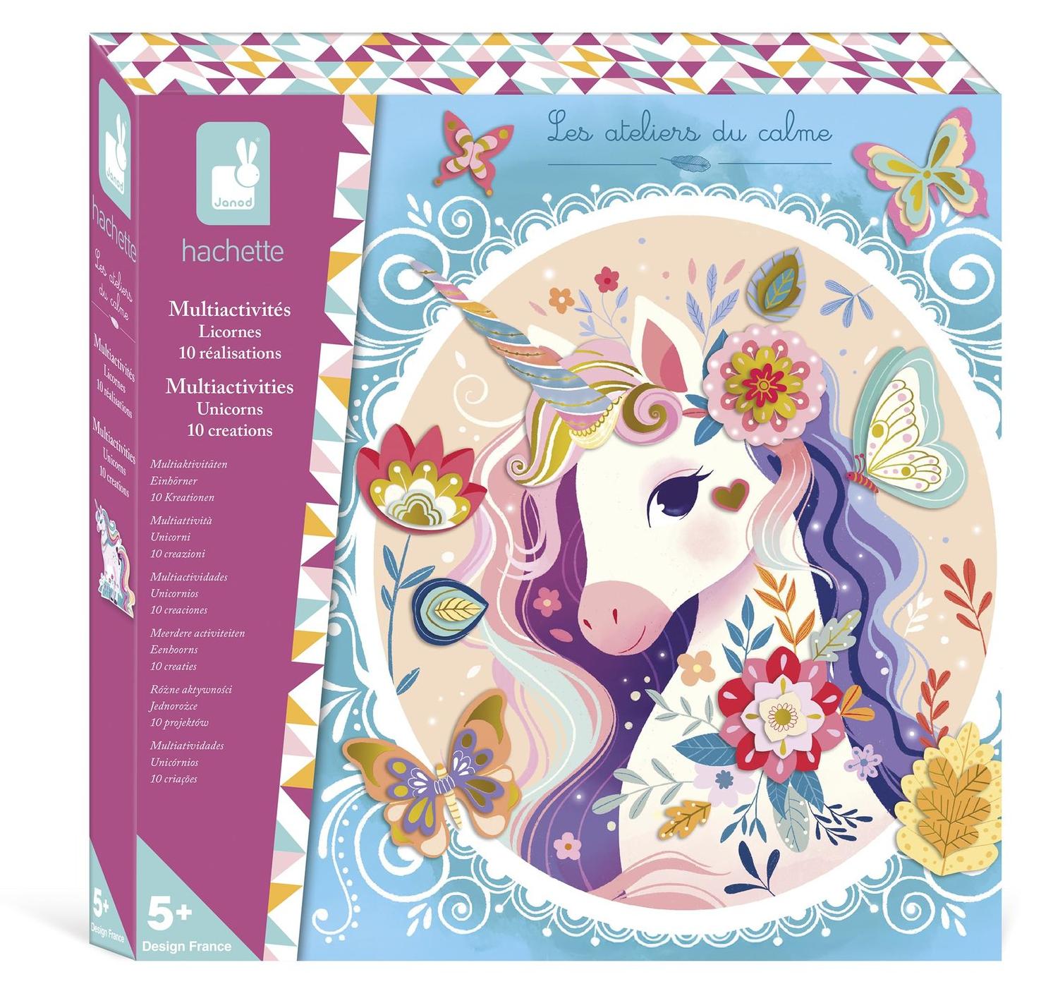 Janod Kreativset Multi-Activités Licorne 13 Aktivitäten zum Verzieren Mosaike Glitzeraufkleber und Goldpapier ab 6 Jahren