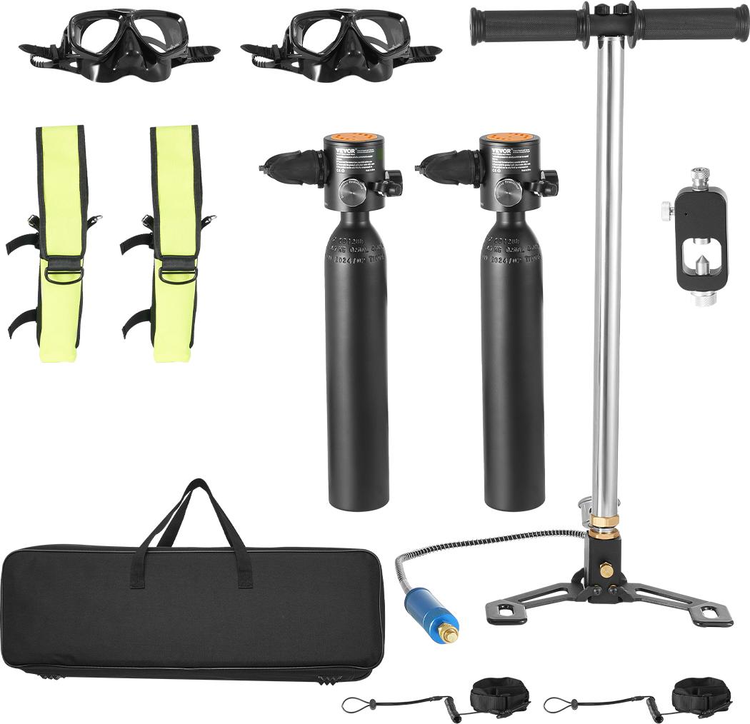 VEVOR 2 Tauchflaschen tragbarer Tauchtank (pro 0,5 L), Tauch-Sauerstoffflasche mit Pumpe unterstützt 5–10 Minuten Unterwasseratmung, 30 m Tauchtiefe, nachfüllbarer Schnorchel-Lufttank