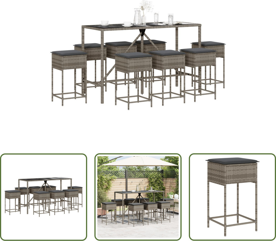 The Living Store 9-dielny záhradný barový set s vankúšmi sivý polyratan
