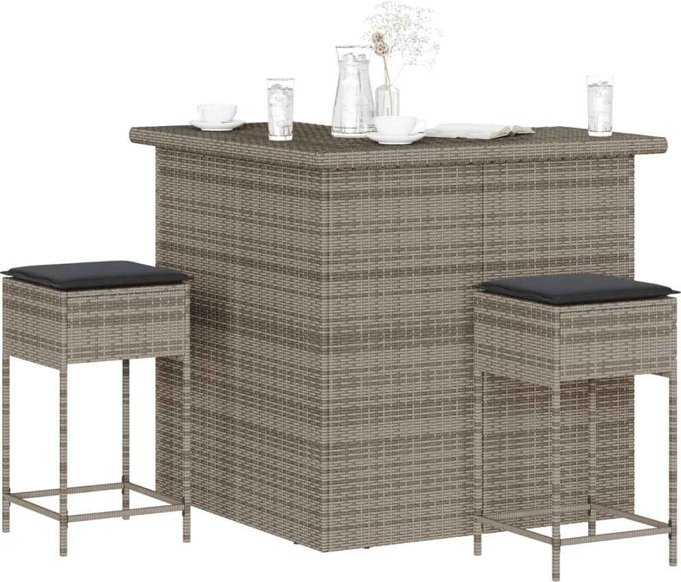 3-dielny záhradný barový set s vankúšmi sivý polyratan