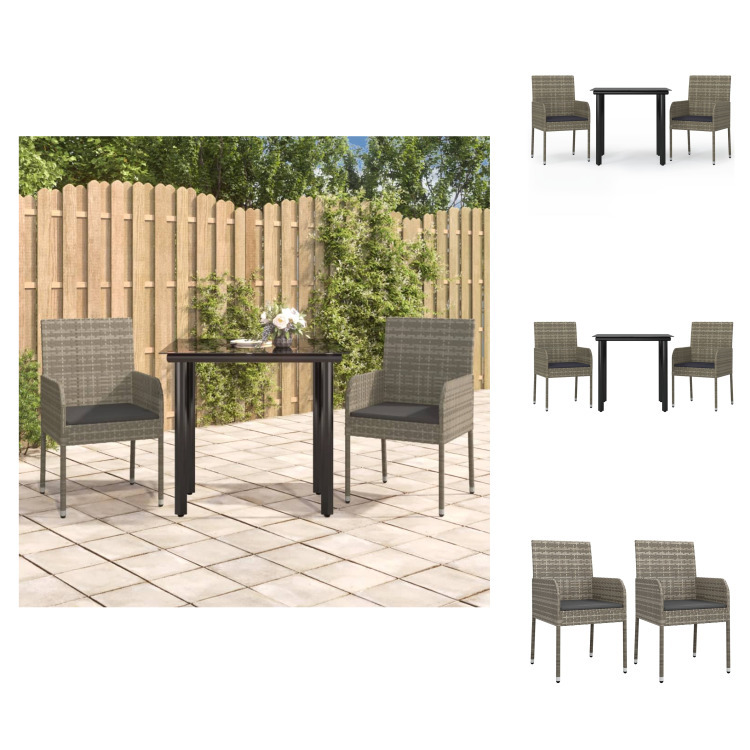 vidaXL 3-dielny záhradný jedálenský set s vankúšmi čierny a sivý polyratan - Záhradné nábytkové sety