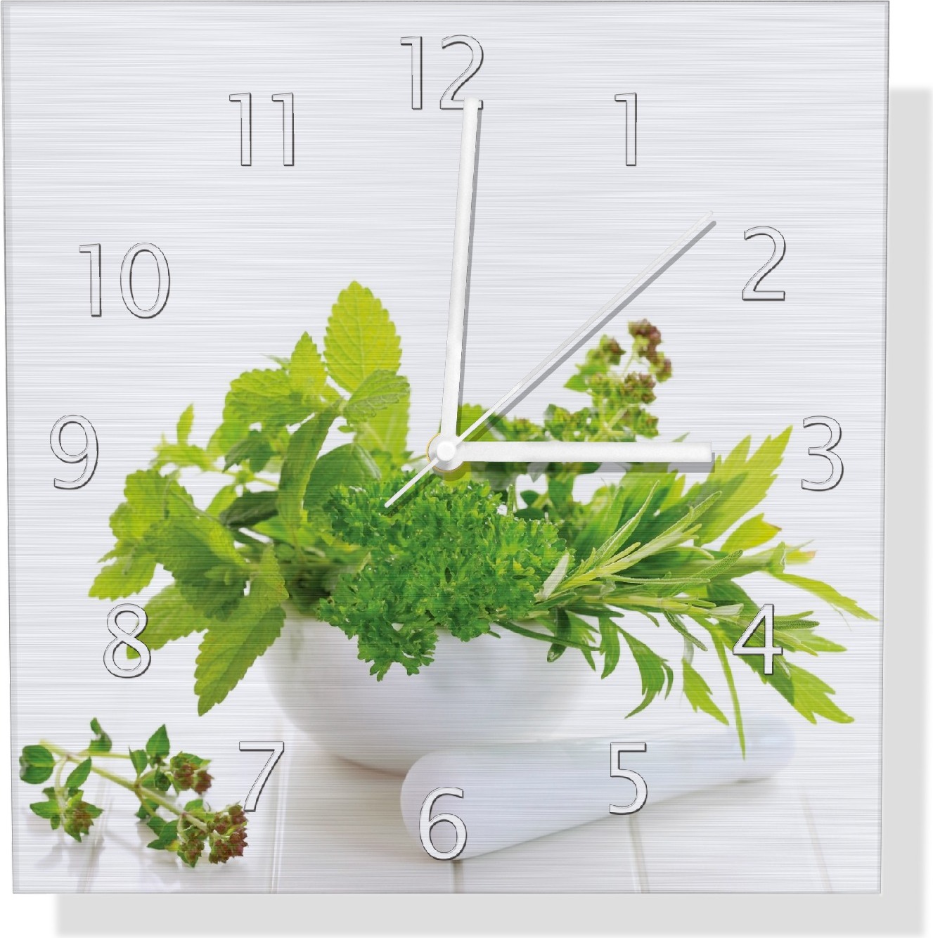 Wallario Design Wanduhr Welt der Kräuter - verschiedene Kräuter in einem weißen Mörser aus Aluverbund, Größe 30 x 30 cm udi5045-3030