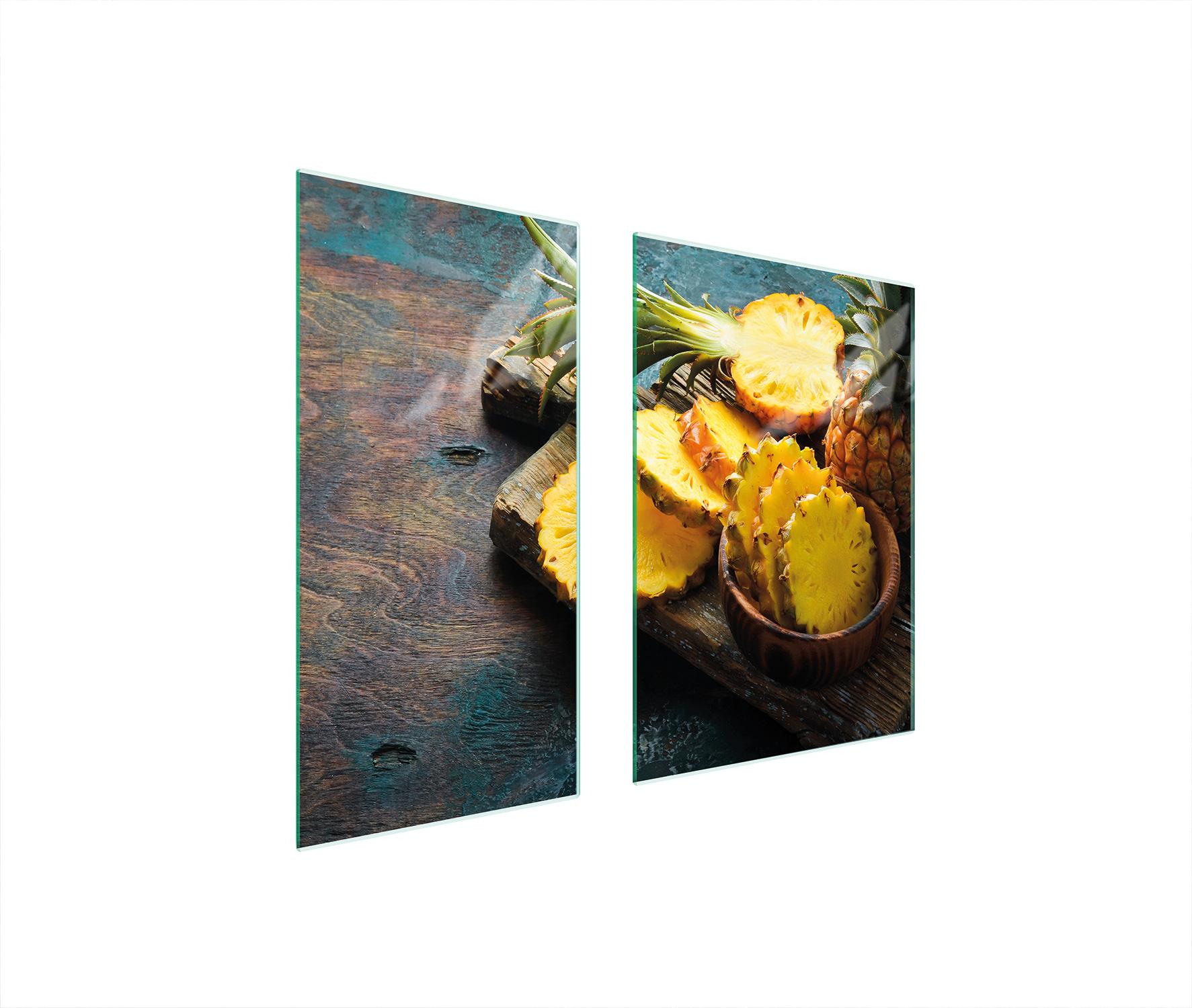 TMK ArtDeko Herdabdeckplatten 2 teilig 75x52 Ceranfeld Abdeckung Glas Schneidebrett Ananas Holz