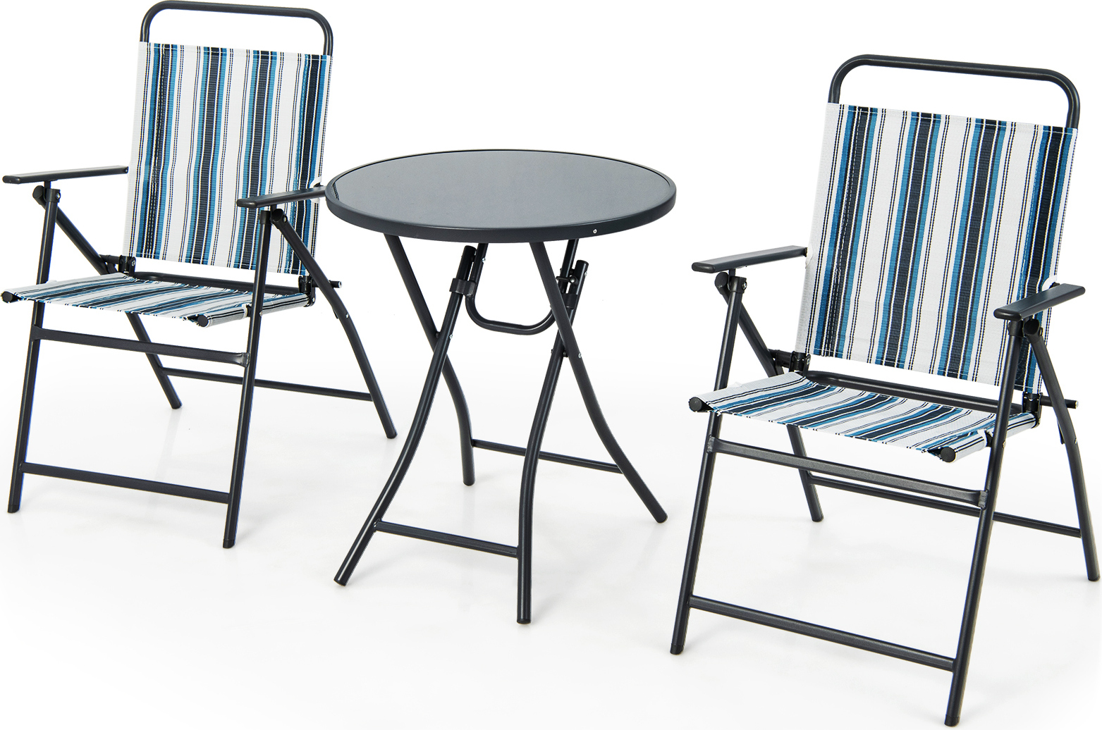 KOMFOTTEU 3-dielna skladacia balkónová súprava, bistro stôl s 2 stoličkami, sedacia súprava Teslin s okrúhlym stolom a skladacími stoličkami, súprava záhradného nábytku na balkón