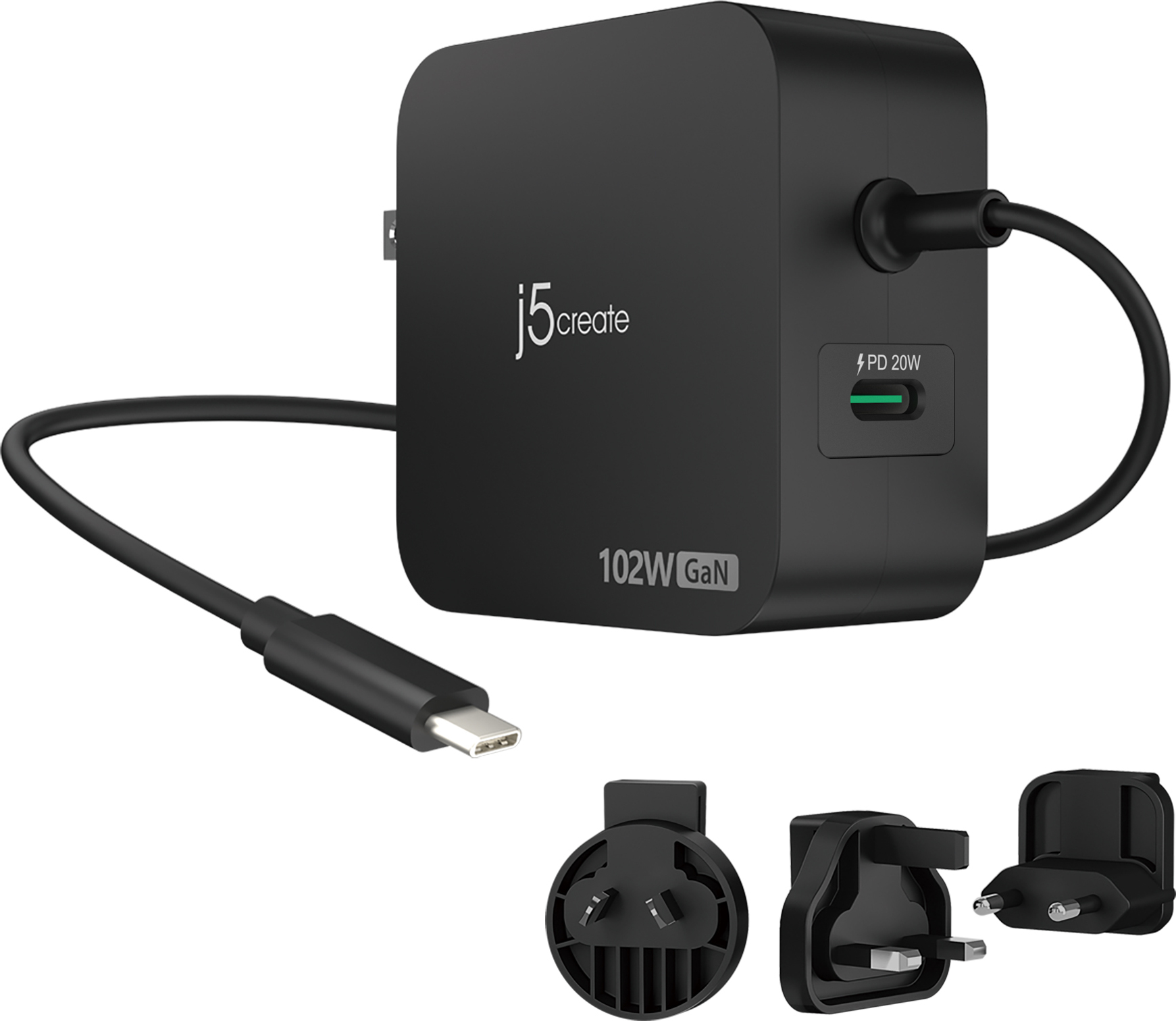 j5create Cestovná nabíjačka GaN PD USB-C s výkonom 102 W a 2 portami vrátane vymeniteľného zdroja (102 W) čierna (JUP25102V-N)