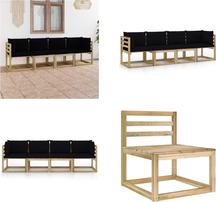 vidaXL Záhradná pohovka 4-miestna s vankúšmi v čiernej farbe - Záhradná pohovka - Drevená pohovka - 4-miestna záhradná pohovka