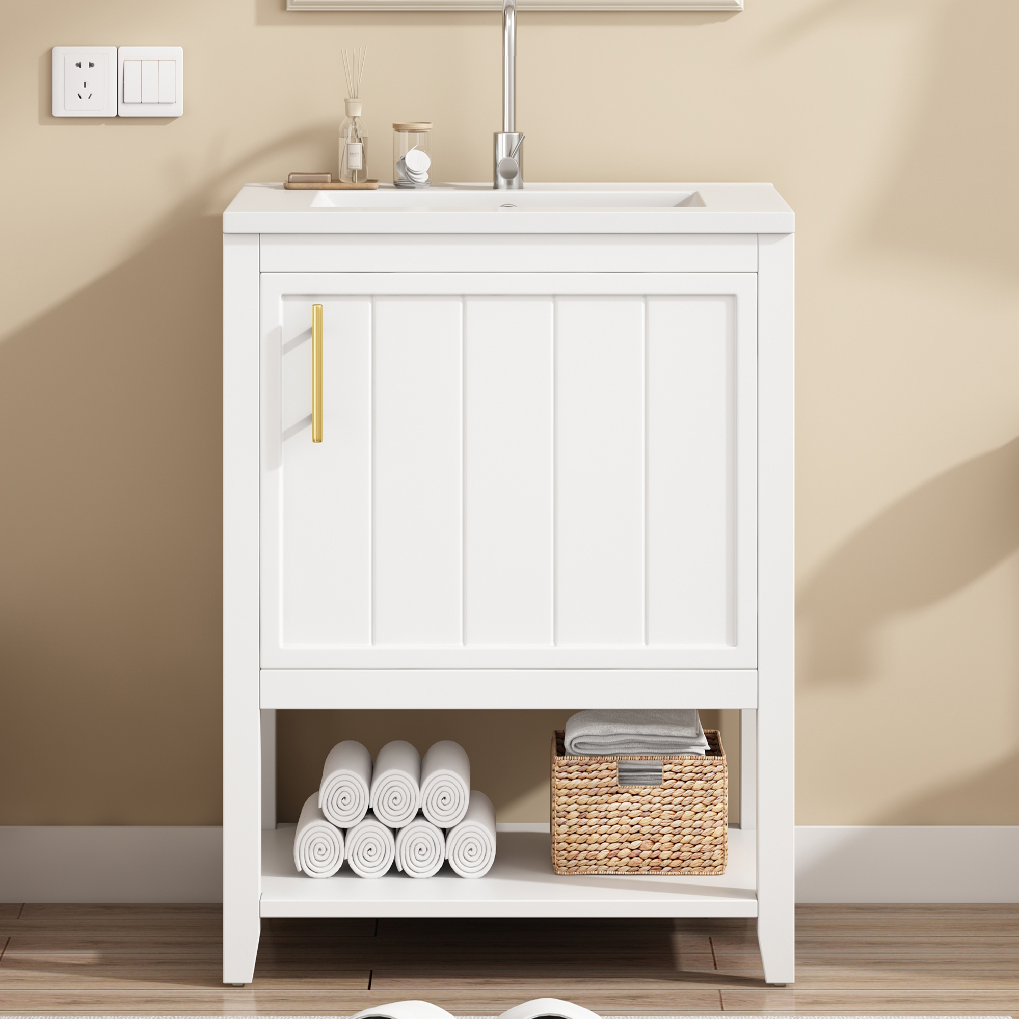 Eileen Grays LLC Badmöbel Einzelwaschtisch,Waschtischunterschrank 60 cm mit Keramikwaschbecken,mit Ablage,weiß