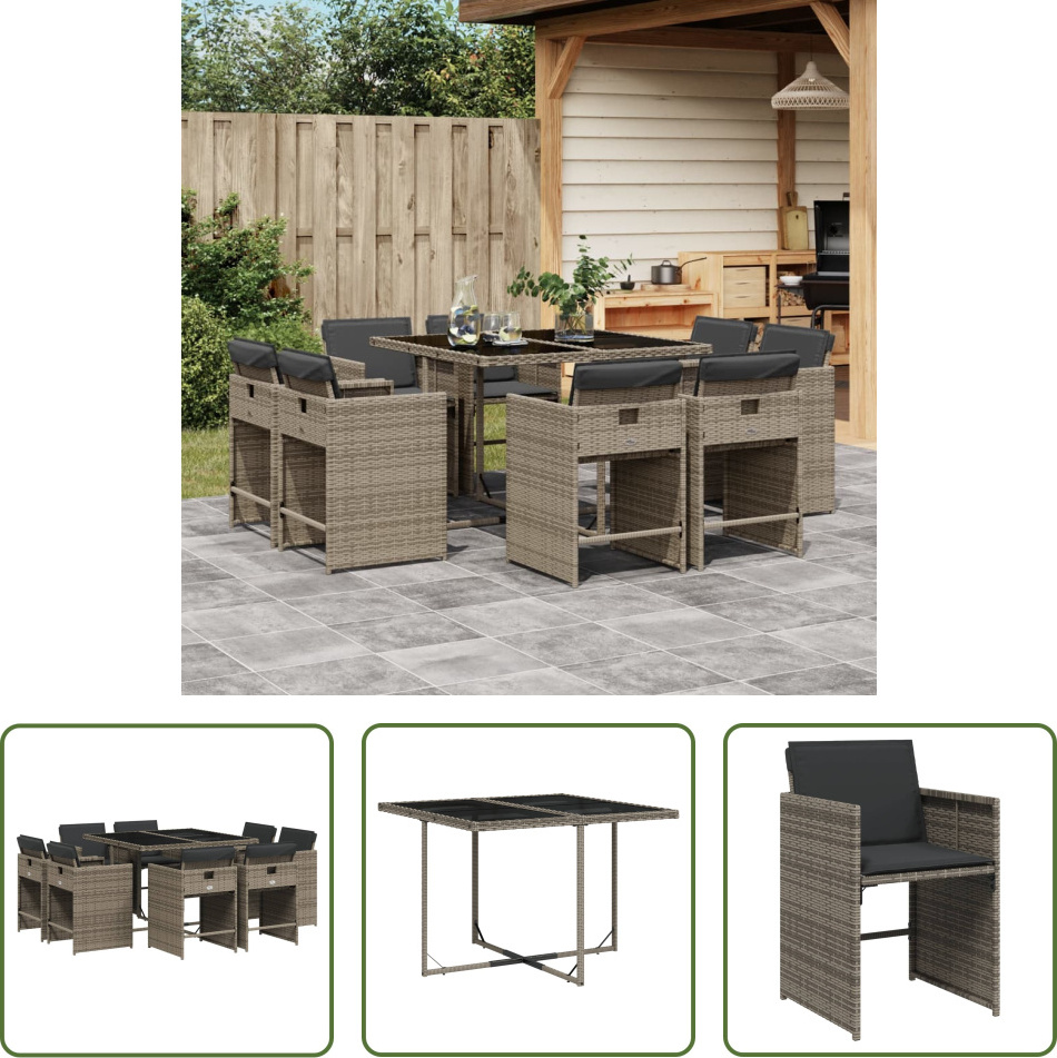 The Living Store 9-dielny záhradný jedálenský set s vankúšmi sivý polyratan