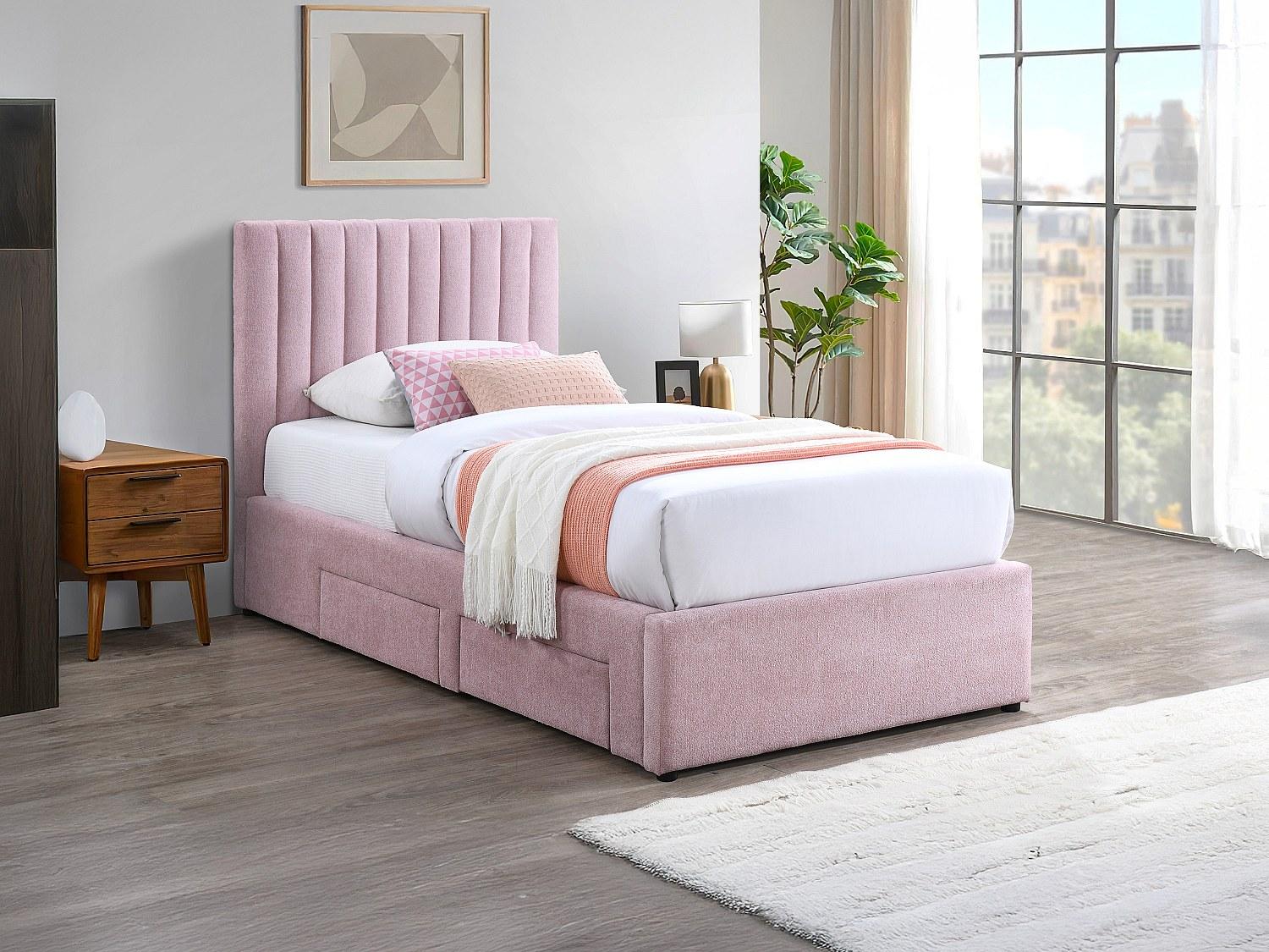 Bett 90 x 190 cm mit 2 Schubladen - Stoff - Rosa - SARAH