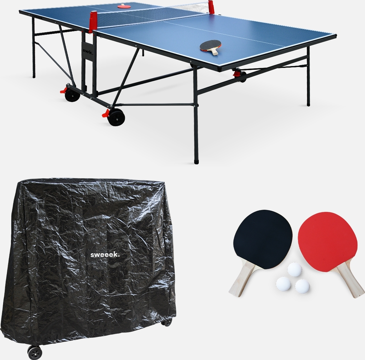sweeek - Indoor-Tischtennisplatte mit 2 Schlägern, 3 Bällen + Schutzhülle - Blau