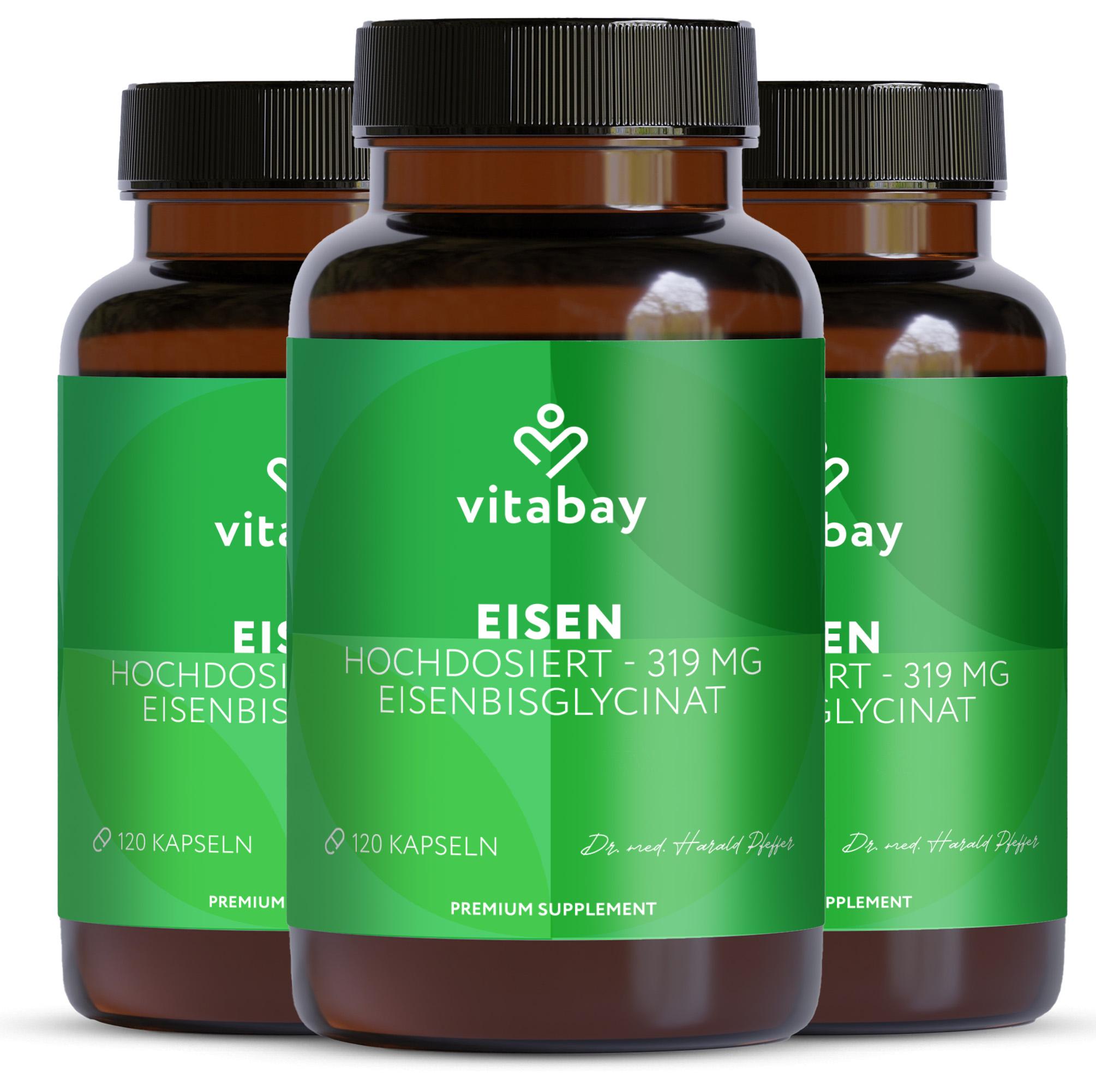 Vitabay C.V. Vitabay Eisen 319 mg - 360 vegane Kapseln mit Eisenbisglycinat - 3er Pack - Hochdosiertes Eisenpräparat - Vorrat für 12 Monate
