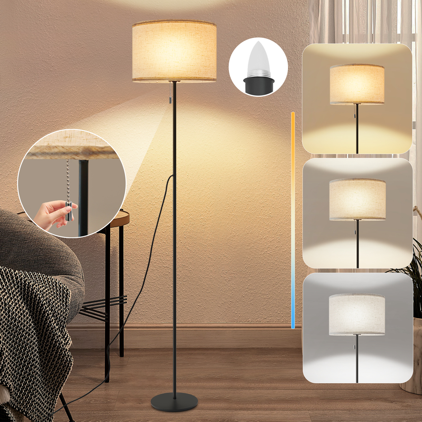 ZMH Stehlampen Wohnzimmer Dimmbar Stoff Vintage Stehleuchte LED Standleuchte 136cm Standlampe Beige Lampenschirm 3000K-6500K Seilzugschalter Retro F10127C314YM