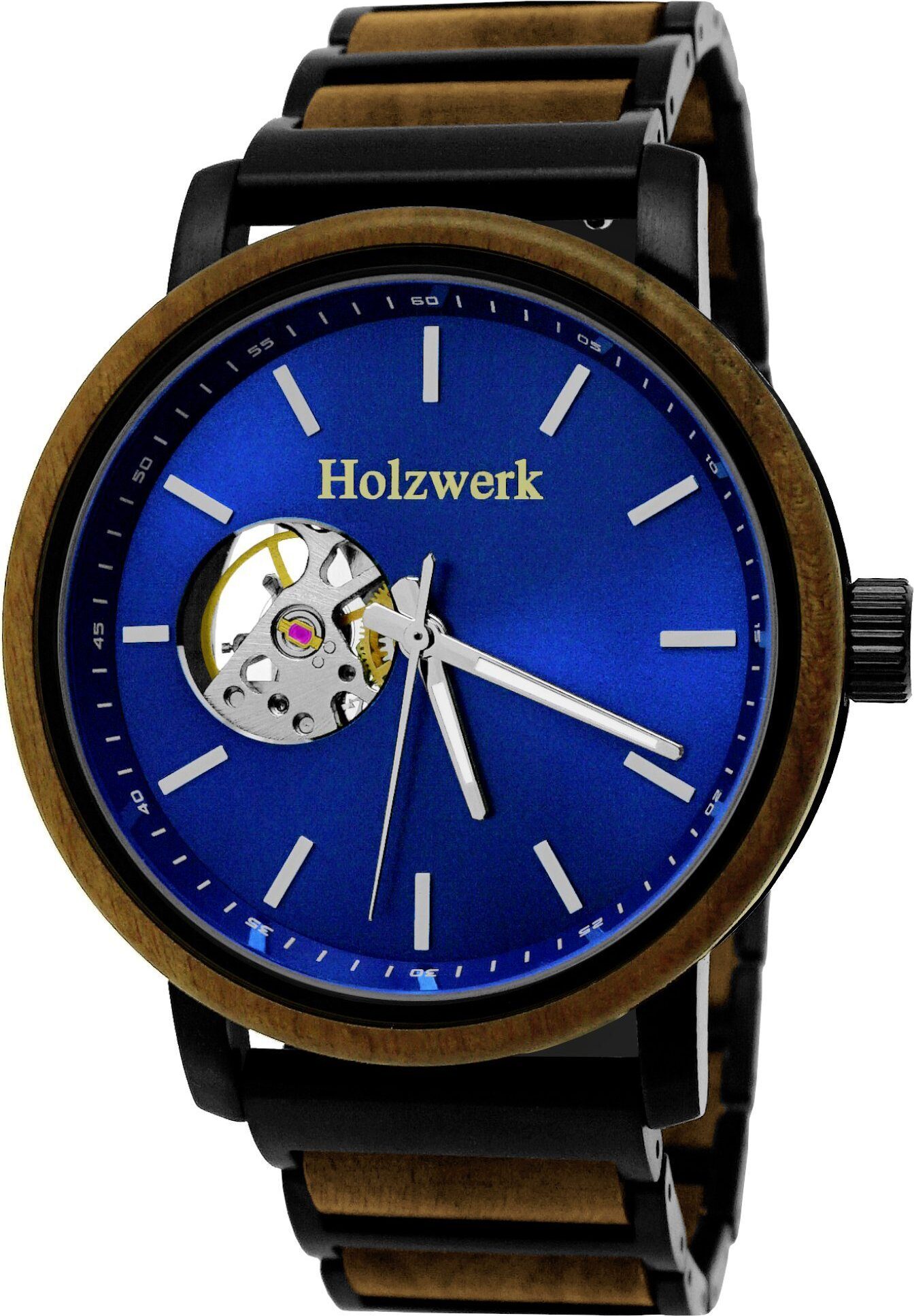 Holzwerk CLAUSTHAL Herren Edelstahl & Holz Automatik Handaufzug Uhr, braun, blau