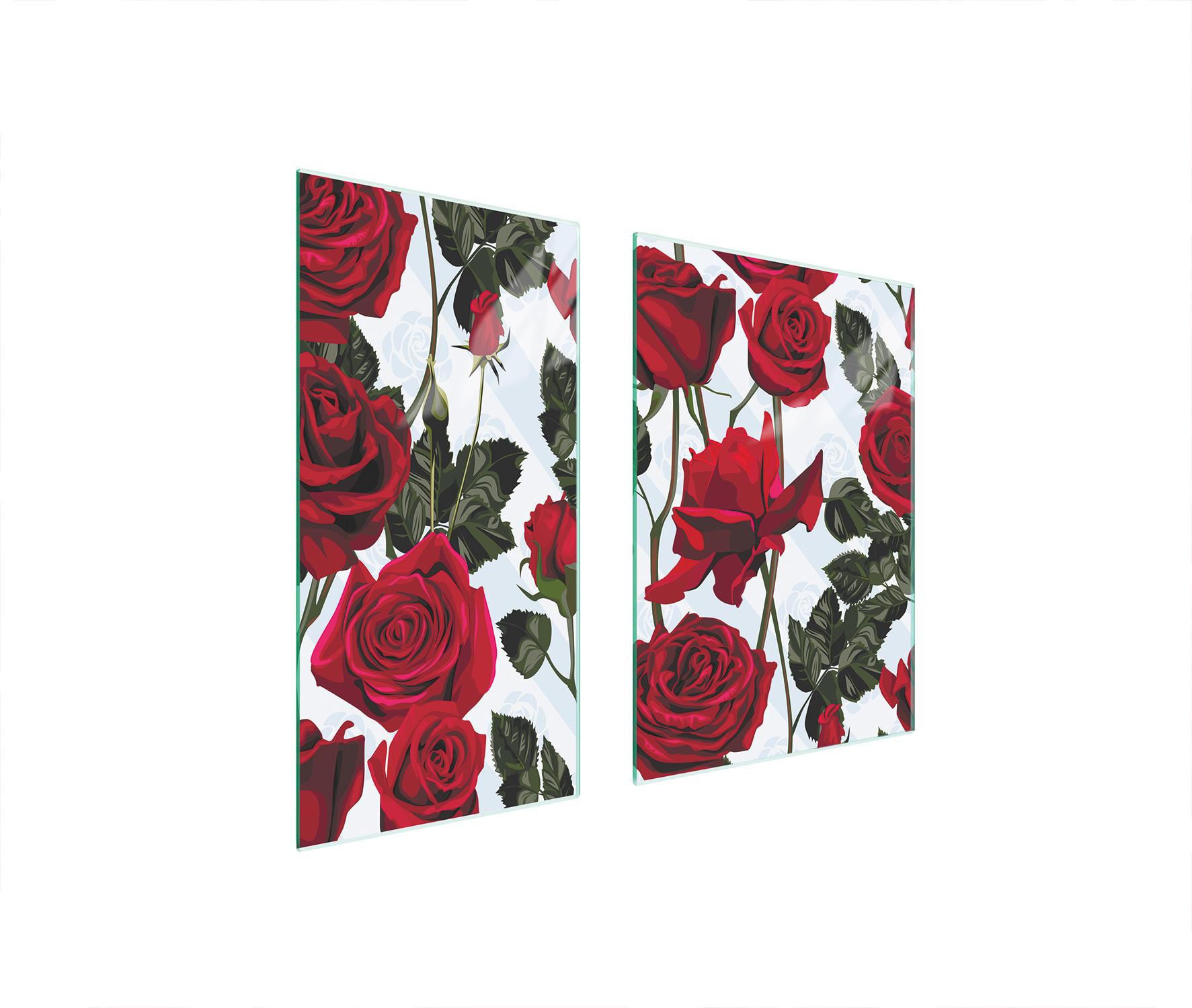 TMK ArtDeko Herdabdeckplatten 2 teilig 75x52 Ceranfeld Abdeckung Glas Schneidebrett Rose Rot