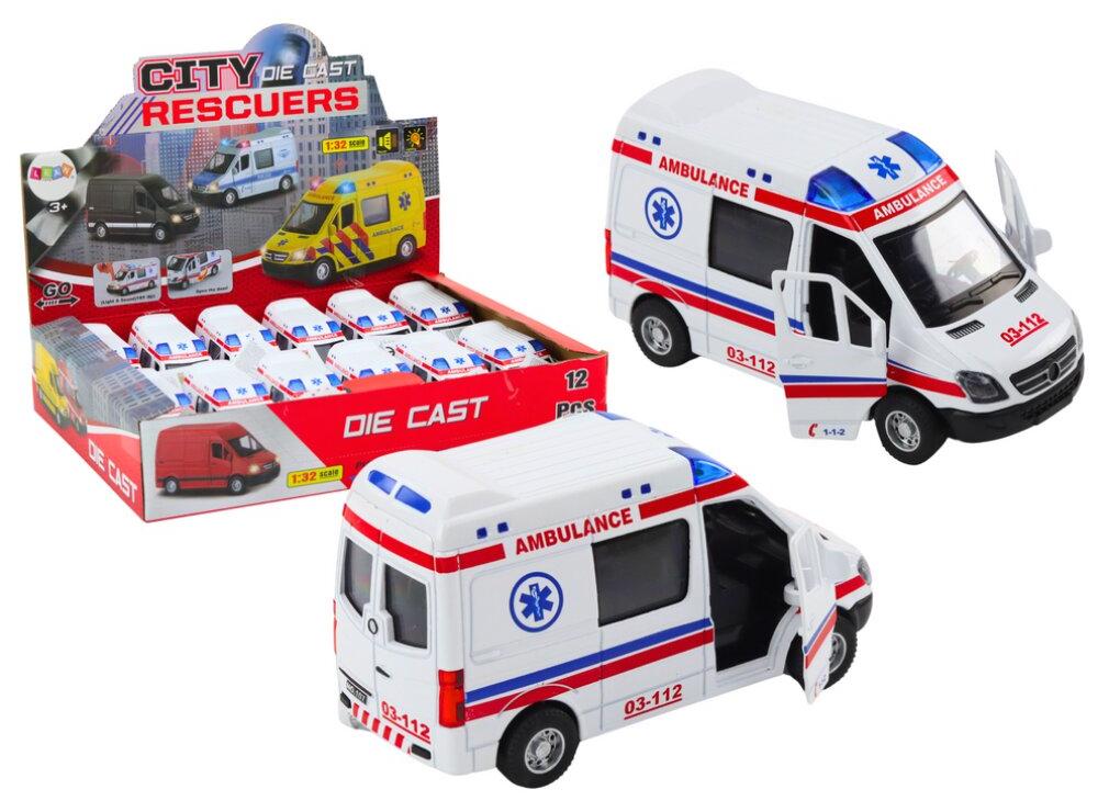 Leantoys Krankenwagen Krankenwagen 1:32 Offene Türen Licht Geräusche Fahren weiß