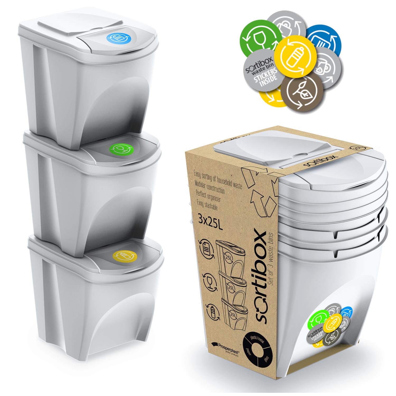 Sortierbox Set 3 Eimer 3x25L grau  Mülltrennung Behälter Recycling mit Deckel 